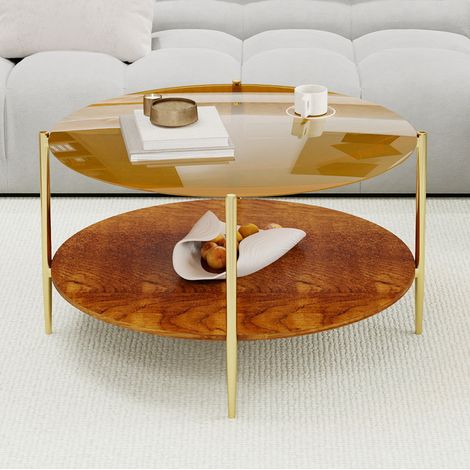 Table basse ronde 82 cm en verre doré avec plateau inférieur en bois et structure métallique DESVIAE (1/5)