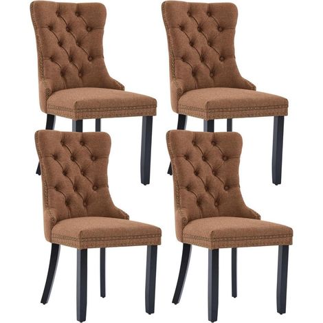 Lot de 4 chaises de salle à manger marron, tissu lin, dossier haut, pieds bois massif (1/5)