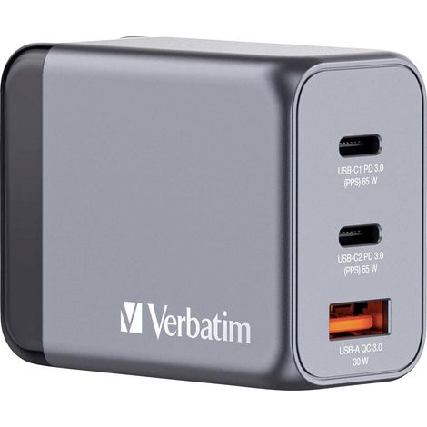 VERBATIM USB-Ladegerät 32201, 65W, 1x USB-A QC, 2x USB-C PD, grau (1/5)