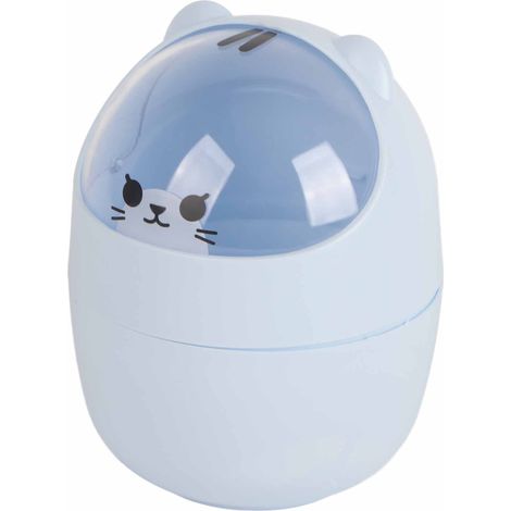 Mini poubelle de bureau, design mignon, grande ouverture, en plastique, avec couvercle amovible et bac à déchets bleu. (1/4)
