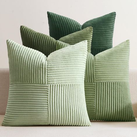 Set di 4 fodere per cuscini in velluto a coste patchwork, 60 x 60 cm, fodere decorative per divano, poltrona, casa, camera da letto, serie verde (1/5)