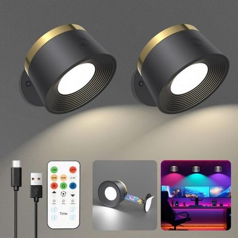 Ensemble de deux appliques murales LED, lampes murales sans fil à batterie rechargeable avec télécommande, lampes murales - noir (1/5)