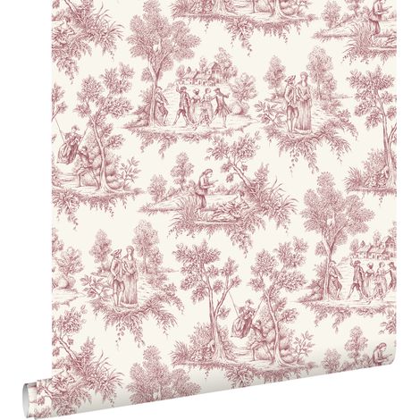 papier peint toile de jouy rouge bordeaux  - ESTAhome