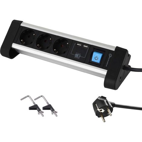 Electraline - 62553, Ciabatta multipla per tavolo da lavoro, con 62553 prese Schuko + 3 porte USB 2,4 A, 2 m, fissaggio con 2 supporti inclusi, cavo H05VV-F 3G 1,5 mm, interruttore On/Off (1/5)
