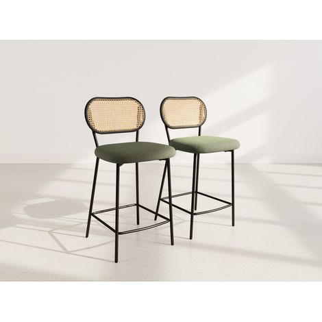 Luciano - lot de 2 tabourets cannage - dossier arrondi - en tissu bouclette - vert kaki