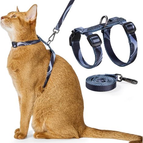 Katzengeschirr und Leine im Set, verstellbares Geschirr, weich, leicht, sicher, einfach zu bedienen, für kleine, mittlere und große Katzen (Grau)
