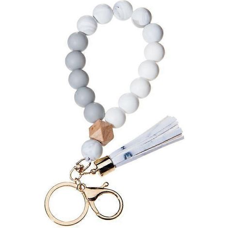Bracelet porte-clés en silicone, bracelet-bracelet, porte-clés unique à perles avec pompon en cuir, anneau anti-perte (marbre) (1/5)