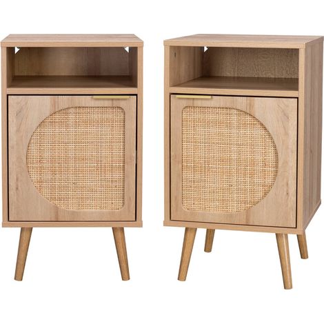 sweeek - 2er Set Nachttische mit Holzdekor und abgerundetem Rattan-Geflecht