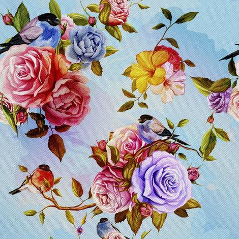 Tela decorativa para exteriores Oxford con estampado de flores y pájaros sobre fondo azul. (1/5)