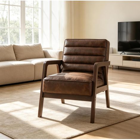 Sillón tapizado en PU, asiento amplio, cojín grueso, marrón antiguo OKMYHOME (1/5)