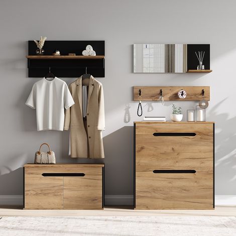 Ensemble meuble d'entrée modulable noir aspect bois 156x36x176cm rangement chaussures miroir patères banc intégré (1/5)