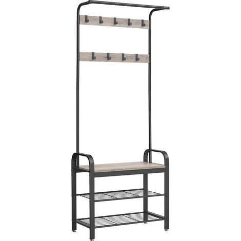 VASAGLE Appendiabiti con Scarpiera, Mobile da Ingresso con Panca, 4 in 1, 9 Ganci Rimovibili, Barra Attaccapanni, Entrata Corridoio, 33,7 x 72 cm, Industriale, Greige e Nero HSR40MB (1/5)