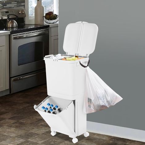 Mülltrennsysteme,45L 2 Fächer Küche Mülleimer Mit Räder,Mülltrennschrank mit 45° Kippfächern Schrank,Doppeleimerdesign Abfalleimer mit Deckel (1/5)