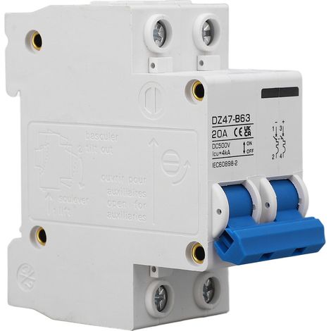 Disjoncteur 2P DC Type B, Installation sur Rail DIN, Mini sécurité pour système solaire photovoltaïque, DC500V 20A