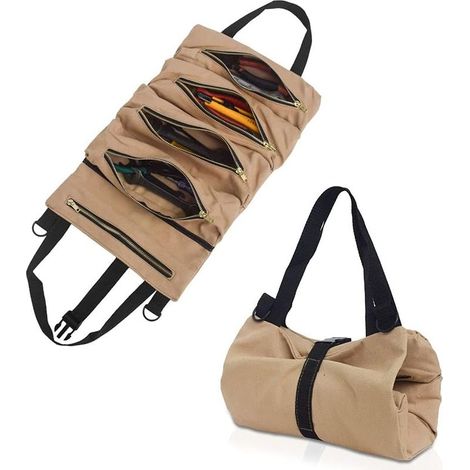 Porte-Outils en Toile,Sac à Outils Multifonctionnel avec 5 Poches, Trousse à Outils Résistant à l'Usure, Adapté à la Maison Quotidienne,Au Travail du Bois,Aux Outils d'Electricien(Kaki) (1/5)