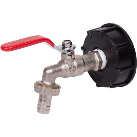 Robinet pour cuve 1000L, robinet récupérateur d'eau de pluie, adaptateur réservoir IBC 1/2" double sortie, laiton avec corps en PP, filetage gros 60 mm, 1 pièce (1/5)