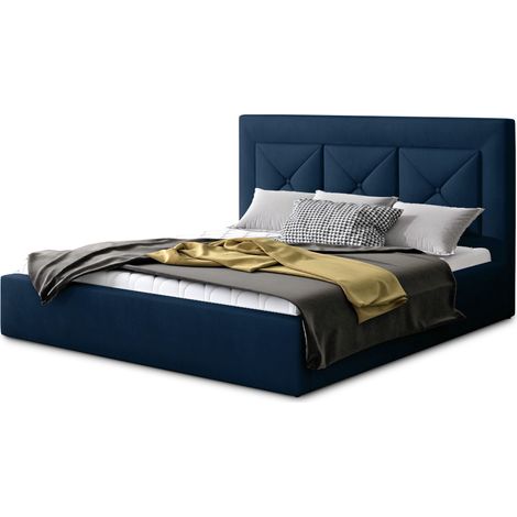 Lit moderne en velours CLARIN - Avec ou sans rangement-Bleu nuit-200x200-Version sommier et coffre (1/5)