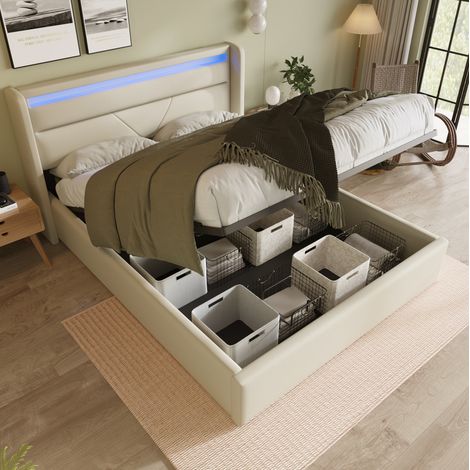 Polsterbett 160/200 cm weiß aus PU mit LED-Kopfteil und Stauraum (1/5)