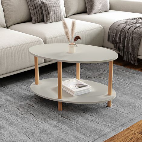 Tavolino Basso da Salotto 'Højreby' con Gambe in Legno e Piano Ovale - color Pietra Arenaria [en.casa]