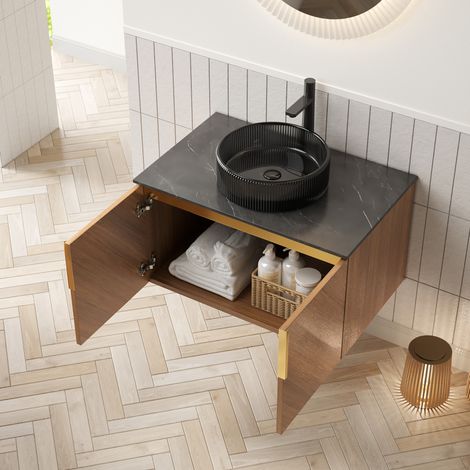 Mobile lavabo sospeso in compensato effetto rovere marrone 76 cm con lavabo tondo in vetro nero trasparente e 2 ante (1/5)