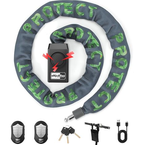 120CM Antivol Velo avec Alarme 110dB Antivol Alarme Vélo avec Télécommande USB C Rechargeable 8MM Grossie Chaine Antivol avec 3 Clés et Sac pour Vélo Electrique Trottinette Scooter Porte (1/5)
