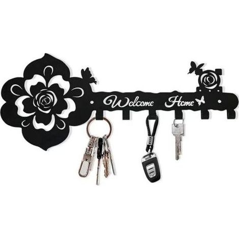 Lntyq Porte Clef Mural, Porte Clé Mural, Boite a Clefs Murale Decorative, Porte-clés Mural Avec 6 Crochets en Fer Forgé Rose Porte-clés en Métal Crochet à Clés Ornement dart en Métal (Noir) (1/4)