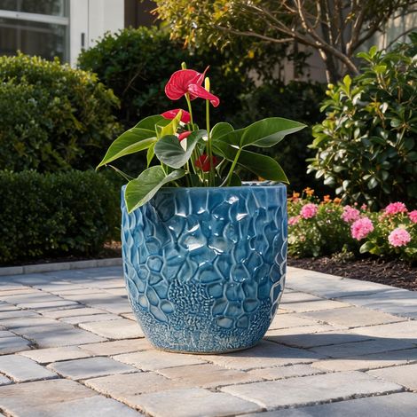 Pot de fleurs en céramique bleu brillant Ø30 cm pour plantes (1/5)
