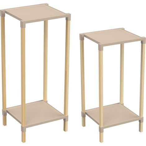 Support à plantes à 2 niveaux – Lot de 2 étagères à fleurs – Support à fleurs en bois pour intérieur et extérieur – Table décorative pour plantes – Hauteur : 50 et 60 cm – Beige/Naturel (1/5)