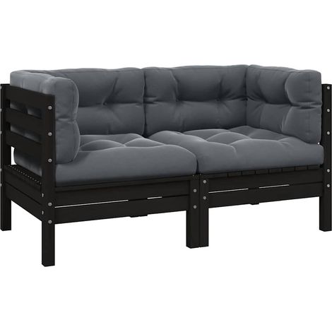 2-Sitzer-Gartensofa mit Kissen Schwarz Massivholz Kiefer