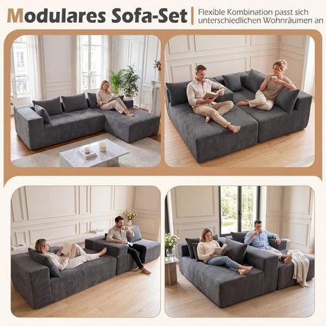 275x177cm Canapé d'Angle Modulable 4 Places en Velours Côtelé Gris pour Salon et Détente en Famille (1/5)
