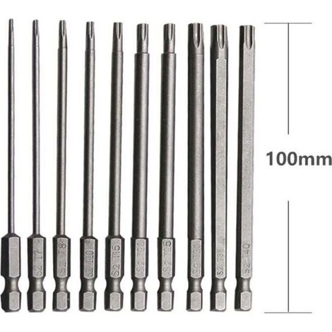 Set di 10 punte lunghe per cacciaviti manuali ed elettrici. Punta Torx lunga in acciaio legato al cromo vanadio, 75 mm. Punta per cacciavite lunga, resistente alla ruggine.