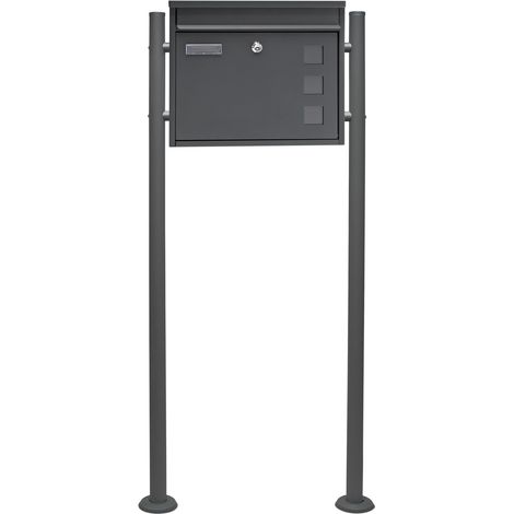 Wiltec Set Briefkasten V12 Anthrazit 360 x 115 x 320 mm mit Ständer, Wandbriefkasten mit Schloss, Sichtfenstern und Namensschild, Postkasten aus Stahl galvanisiert