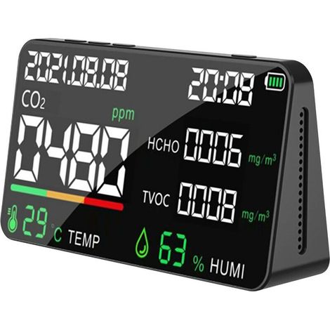 royaluxe -Moniteur de qualité de l'air 5 en 1 LED numérique CO2 HCHO TVOC testeur d'humidité de la température USB rechargeable compteur de dioxyde de carbone intérieur pour chambre bureau serre entre (1/5)