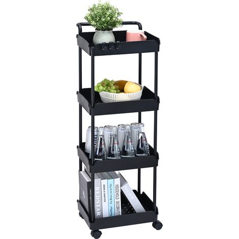 VEVOR Carro con Ruedas de 4 Niveles Carro de Almacenamiento Multifuncional 370x355x1065 mm Ruedas Bloqueables con Asa Carro Móvil Cestas de PP para Lavandería, Oficina, Sala de Estar, Cocina, Negro