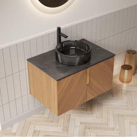Meuble vasque mural 76x50x52,6 cm en verre noir et chêne brun, rangement salle de bain – MEUBLIV (1/5)