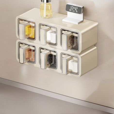 Küchengewürzbox, Set mit 6 Gewürzdosen, wandmontiert, ohne Bohren, zum Aufbewahren von Salz und anderen Gewürzen – 26,5×13,3×19,2 cm