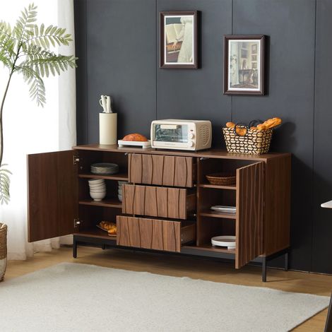 Buffet 150cm Chêne Foncé Mid Century Modern, Meuble de Cuisine à 3 Tiroirs, Grande Commode Marron Foncé 150x40x80cm pour Salon et Salle à Manger (1/5)