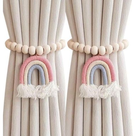 2PCS Embrasse de rideau, pendentif pompon arc en ciel, perle en bois, décoration fenêtre salon chambre (1/4)