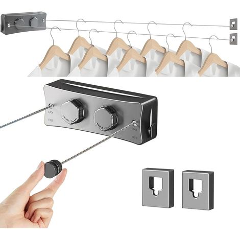 Corde à linge rétractable de 5,2 m, double corde à linge murale en acier inoxydable extensible pour salle de bain intérieure, balcon (1/4)
