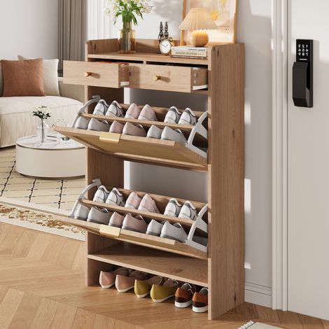 Scarpiera 65x25x106 cm con 2 ante a ribalta, 2 cassetti, per ingresso, legno naturale, stile naturale (1/5)