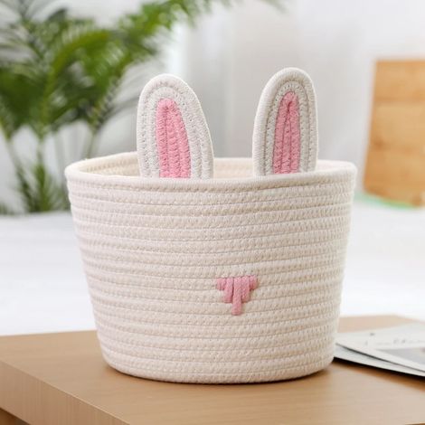 [LCS] Panier de rangement tressé à motif dessin animé, compatible avec les tricots pour enfants, en corde de coton mignonne, idéal pour ranger les petits objets à la maison ou au bureau, motif lapin b