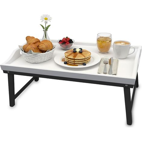 Bandeja para cama Relaxdays, bambú, 20 x 50 x 30 cm, bandeja con patas, asas, desayuno en cama, blanco/gris