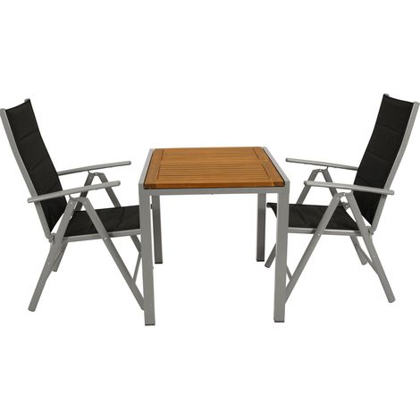 VAIL: Garnitur 3-teilig (2x Klappsessel mit Armlehnen, 1x Ausziehtisch 80/120x70cm), Sessel Gestell Aluminium silbergrau, Bezug Kunstgewebe schwarz, Tisch Gestell Aluminium silbergrau, Tischplatte Aka (1/5)