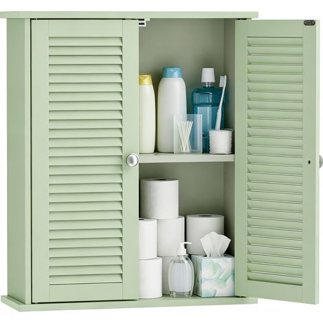 Armoire murale de salle de bain - HOMCOM - 2 portes persiennes et étagère réglable - bois - 60x20x70cm - vert (1/5)