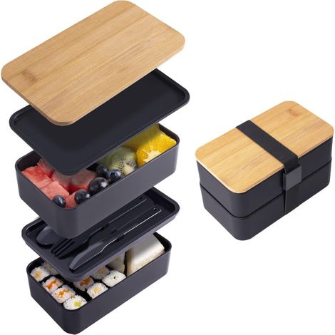 Boîte à lunch à double compartiment, boîte à lunch imitation bois, compatible micro-ondes, grande capacité, idéale pour les étudiants et les employés de bureau (sac isotherme non inclus).