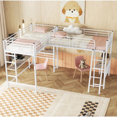 Lit mezzanine enfant 90x200 cm métal et MDF blanc avec bureau intégré, gain de place – MEUBLIV (1/5)