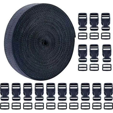 Sangle en polypropylène de 2,5 cm (1 pouce) et 14,7 m (16 yards) de long, avec 16 boucles à déclenchement latéral en plastique de 2,5 cm (1 pouce), noire (1/5)