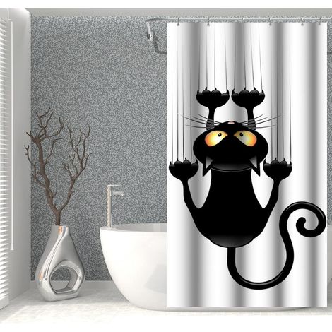 Rideau de douche chat drôle, rideau de douche imperméable, rideau de douche animal anti-moisissure avec crochets 90x180cm