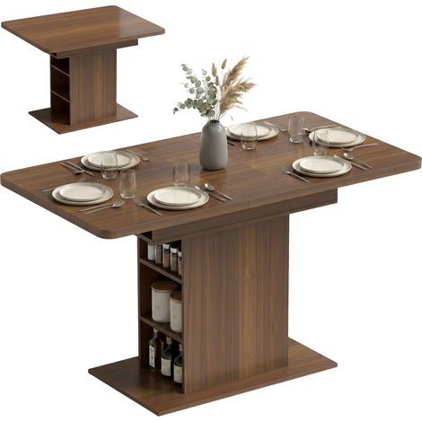 HOMCOM Extendable Dining Table for 4-6, Kitchen Table with Shelves, Walnut