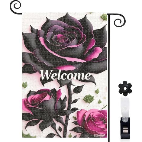 Bannière de cour motifs floraux et roses noires 30 x 45 cm décoration extérieure et intérieure (1/5)